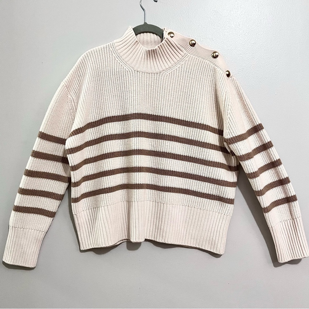 NWT Saks Fifth Avenue Ivory & Beige Ribbed Mock Neck Gold Button Sweater $298